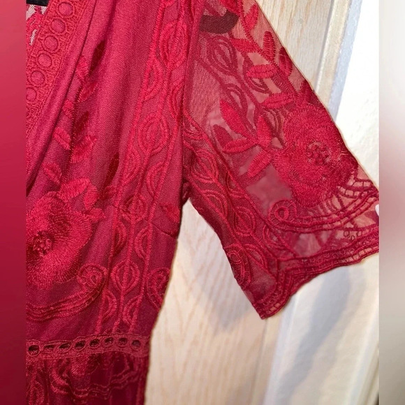 Maroon Deep V-Neck 1/2 Sleeves Sheath Lace Midi Dresses w side slits size small - Picture 14 of 16